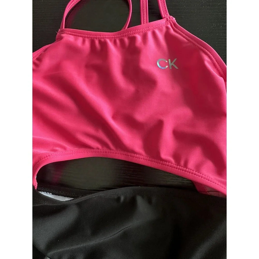 Calvin Klein Big Girls Cutout Color Block Bikini Swimsuit One Piece Pink Black 7